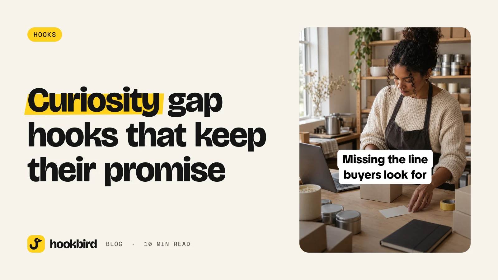 Candle brand founder arranging a plain gift box beside a blurred laptop while planning product page hooks.