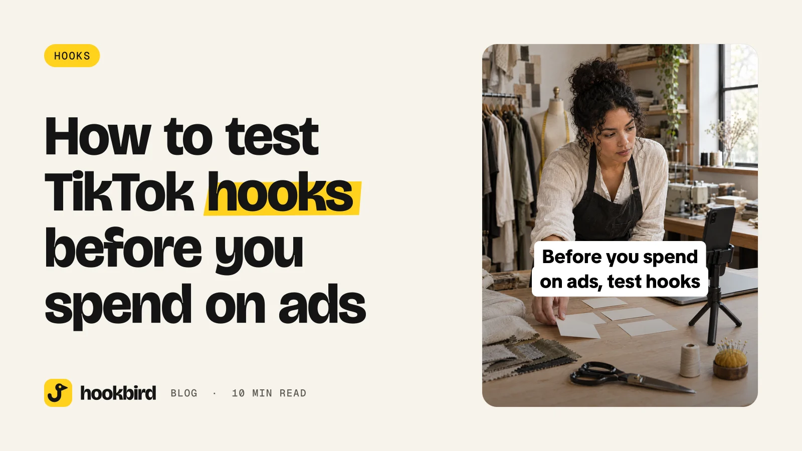 Apparel shop founder testing TikTok hook recordings at a cutting table before running ads.